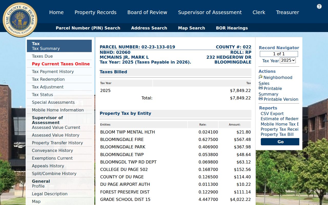 DuPage County neighbors parcel card for a Hedgerow Drive property
