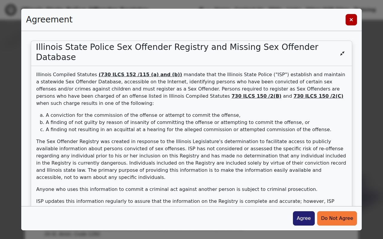 Illinois State Police registry legal notice for a DuPage County lookup