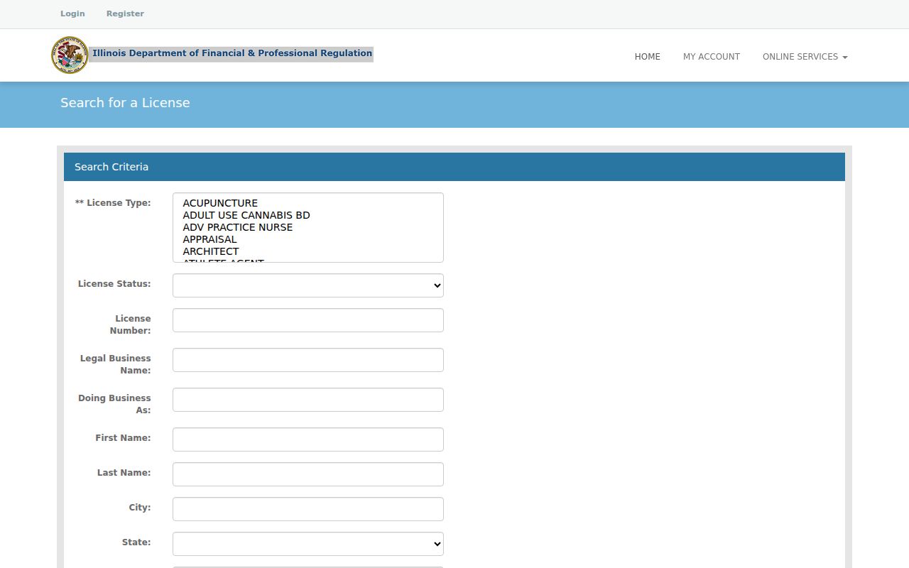 Illinois professional license search used for a DuPage resident lookup