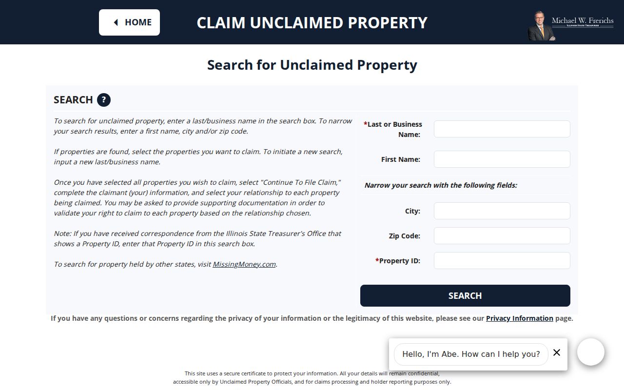 Illinois I-CASH screen for a DuPage County name search